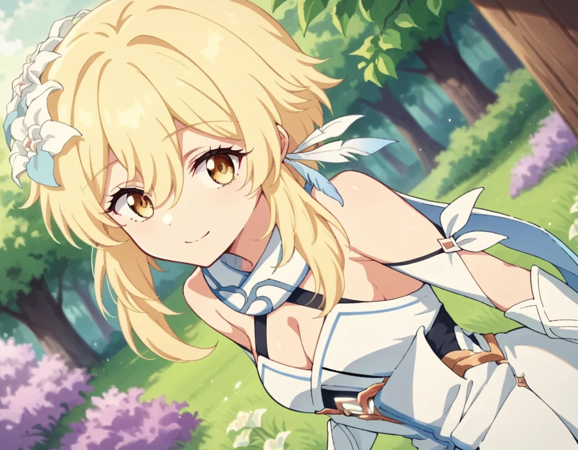 score_9, score_8_up, score_7_up, source_anime,
genshinlumine, <lora:genshin-lumine-2024-short-ponyxl-lora-nochekaiser:1>,
lumine, bangs, blonde hair, hair ornament, hair between eyes, yellow eyes, flower, hair flower, feather hair ornament,
dress, bare shoulders, detached sleeves, scarf, white dress, white footwear, cleavage, detached collar,
outdoors, nature, forest, bent over, smile,
looking at viewer, solo, dutch angle, cowboy shot,