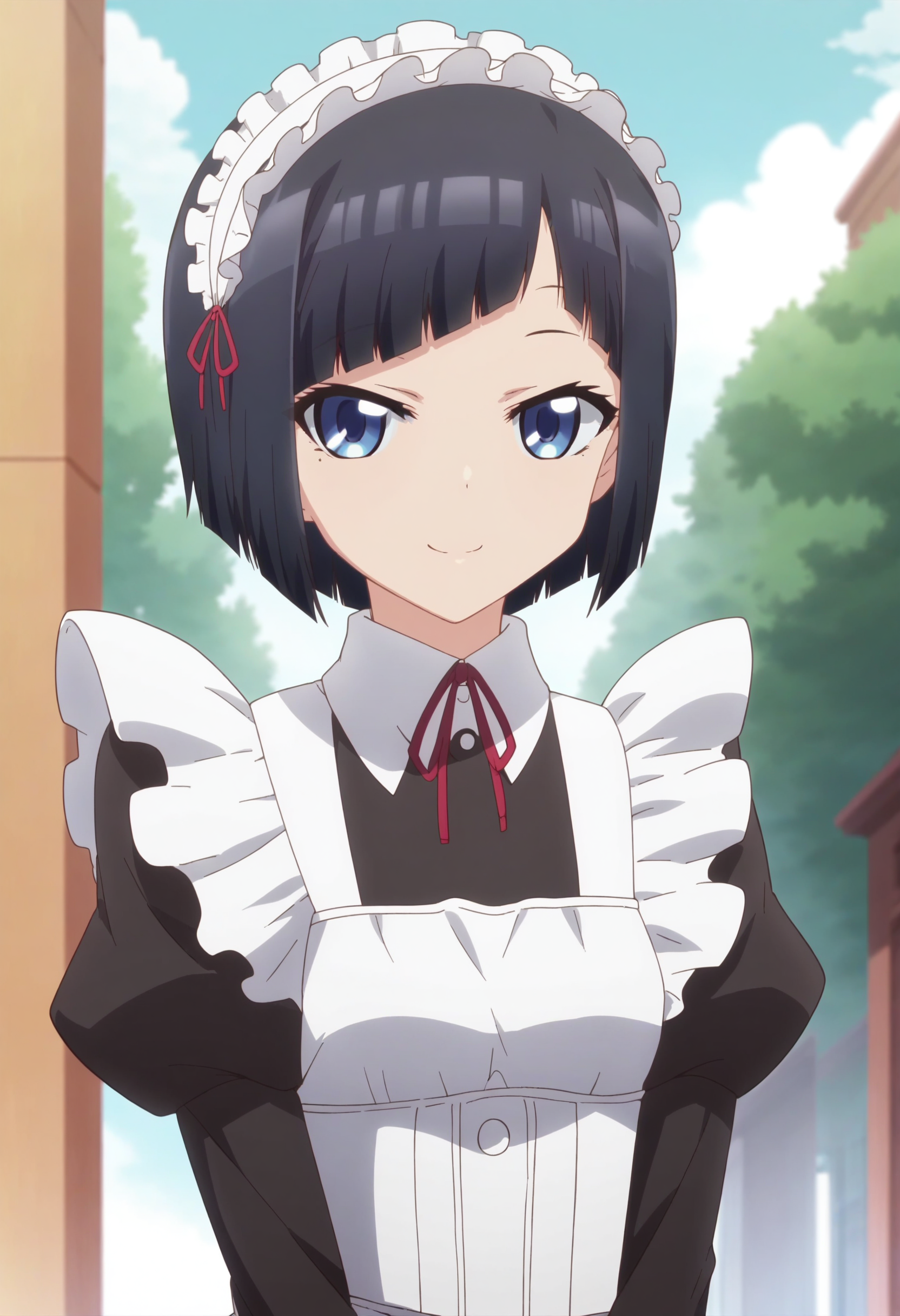 score_9, score_8_up, score_7_up, score_6_up, score_5_up, score_4_up , anime coloring ,BREAK source_anime, anime,screencap,
1girl, solo, miyukik, black dress, apron, maid, maid headdress, neck ribbon, hair ribbon, <lora:PonyXL Miyuki Kujou V2:1>
outdoors, upper body
smile, looking at viewer,
