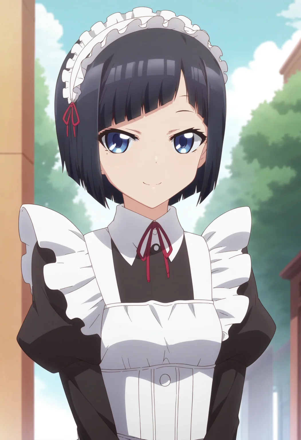 score_9, score_8_up, score_7_up, score_6_up, score_5_up, score_4_up , anime coloring ,BREAK source_anime, anime,screencap,
1girl, solo, miyukik, black dress, apron, maid, maid headdress, neck ribbon, hair ribbon, <lora:PonyXL Miyuki Kujou V2:1>
outdoors, upper body
smile, looking at viewer,