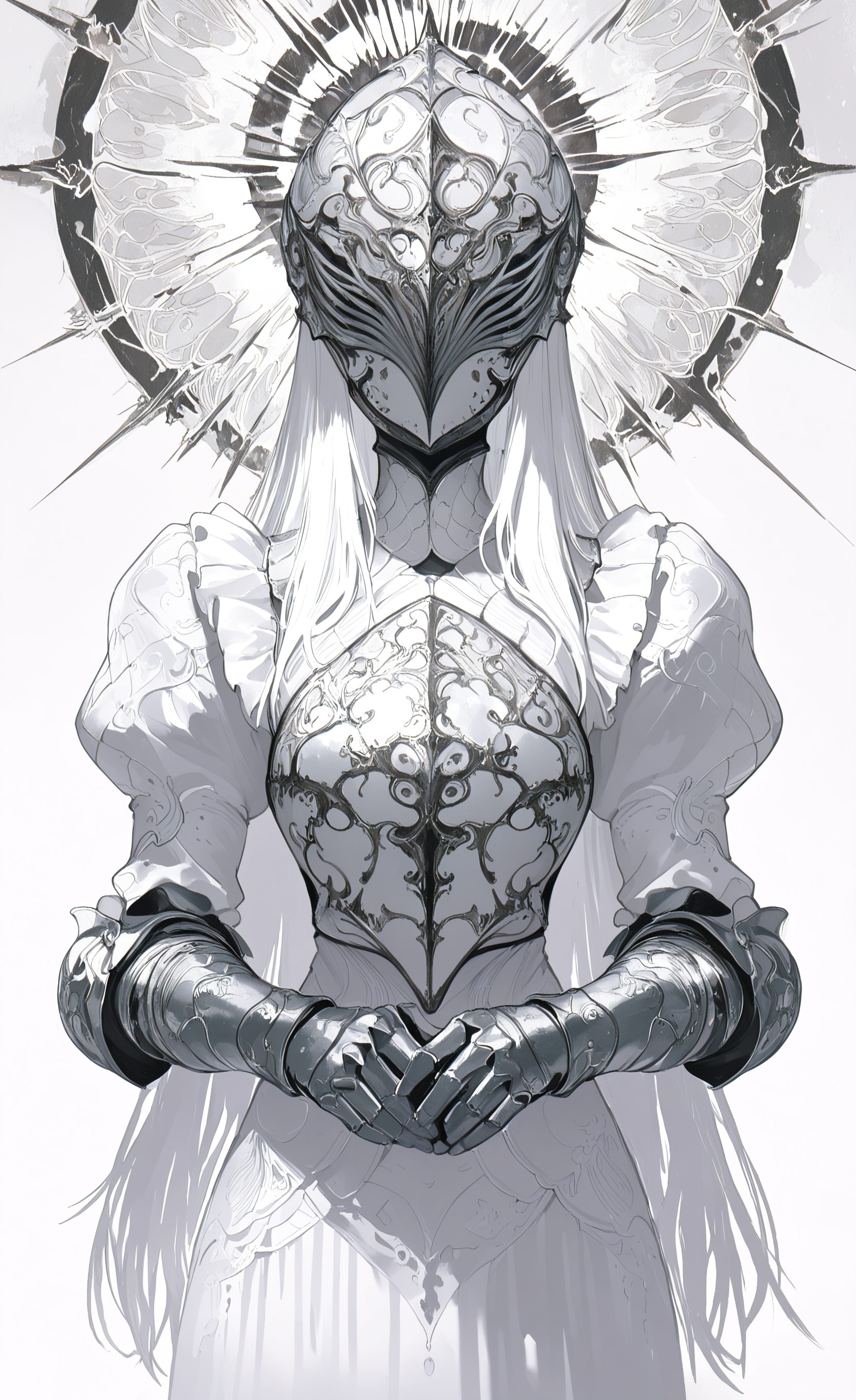 masterpiece, best quality, good quality, very awa, newest, highres, absurdres, 1girl, solo, long hair, long sleeves, dress, white hair, puffy sleeves, white dress, armor, mask, helmet, facing viewer, gauntlets, covered face, limited palette, <lora:illustriousXL_stabilizer_v1.23:0.3> <lora:NOOB_vp1_detailer_by_volnovik_v1:0.3> <lora:ponyv6_noobE11_2_adamW-000017:0.3> <lora:114558v4df2fsdf5:0.6> <lora:XXX667:0.4> <lora:mon_monmon2133:0.5>