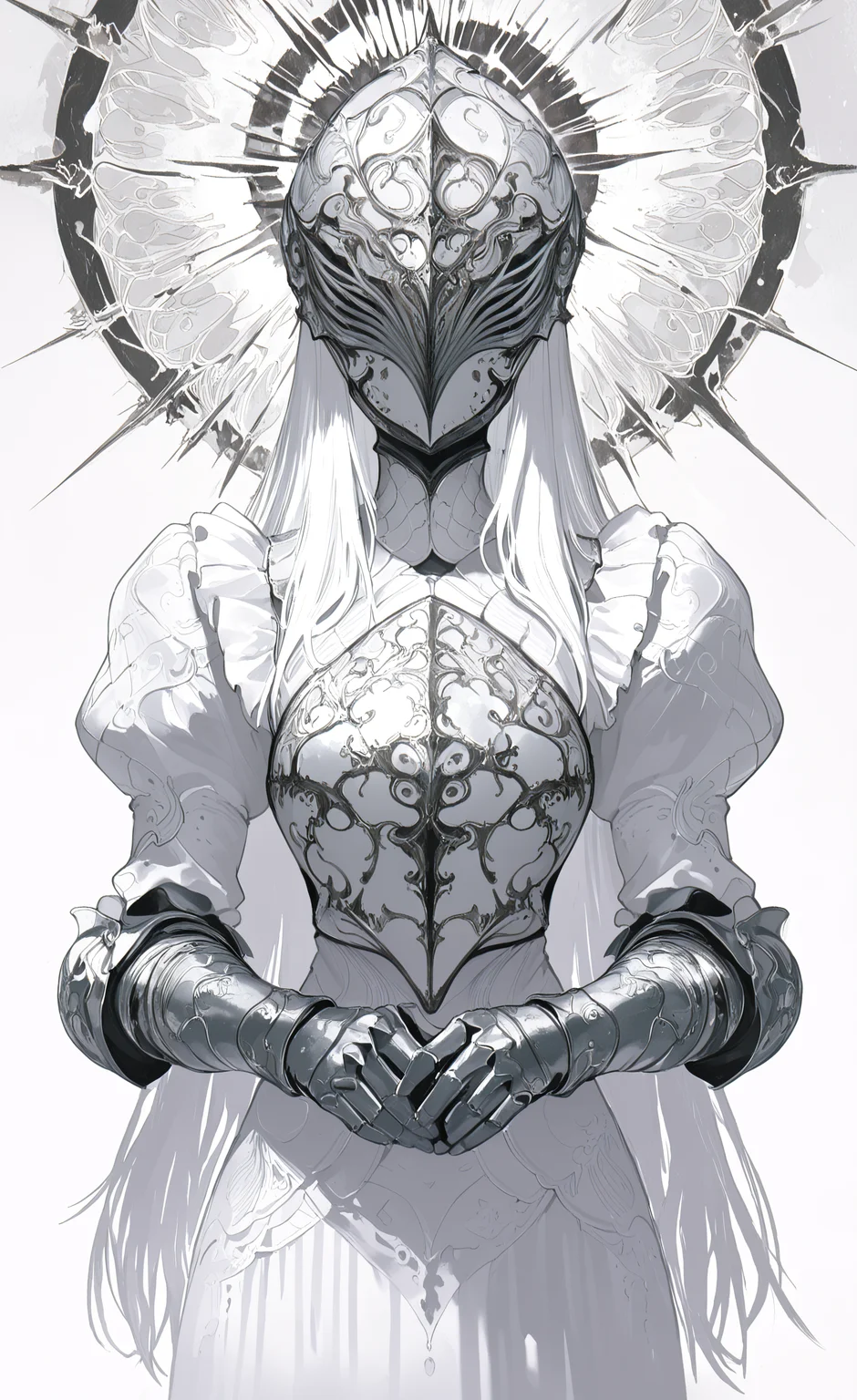 masterpiece, best quality, good quality, very awa, newest, highres, absurdres, 1girl, solo, long hair, long sleeves, dress, white hair, puffy sleeves, white dress, armor, mask, helmet, facing viewer, gauntlets, covered face, limited palette, <lora:illustriousXL_stabilizer_v1.23:0.3> <lora:NOOB_vp1_detailer_by_volnovik_v1:0.3> <lora:ponyv6_noobE11_2_adamW-000017:0.3> <lora:114558v4df2fsdf5:0.6> <lora:XXX667:0.4> <lora:mon_monmon2133:0.5>