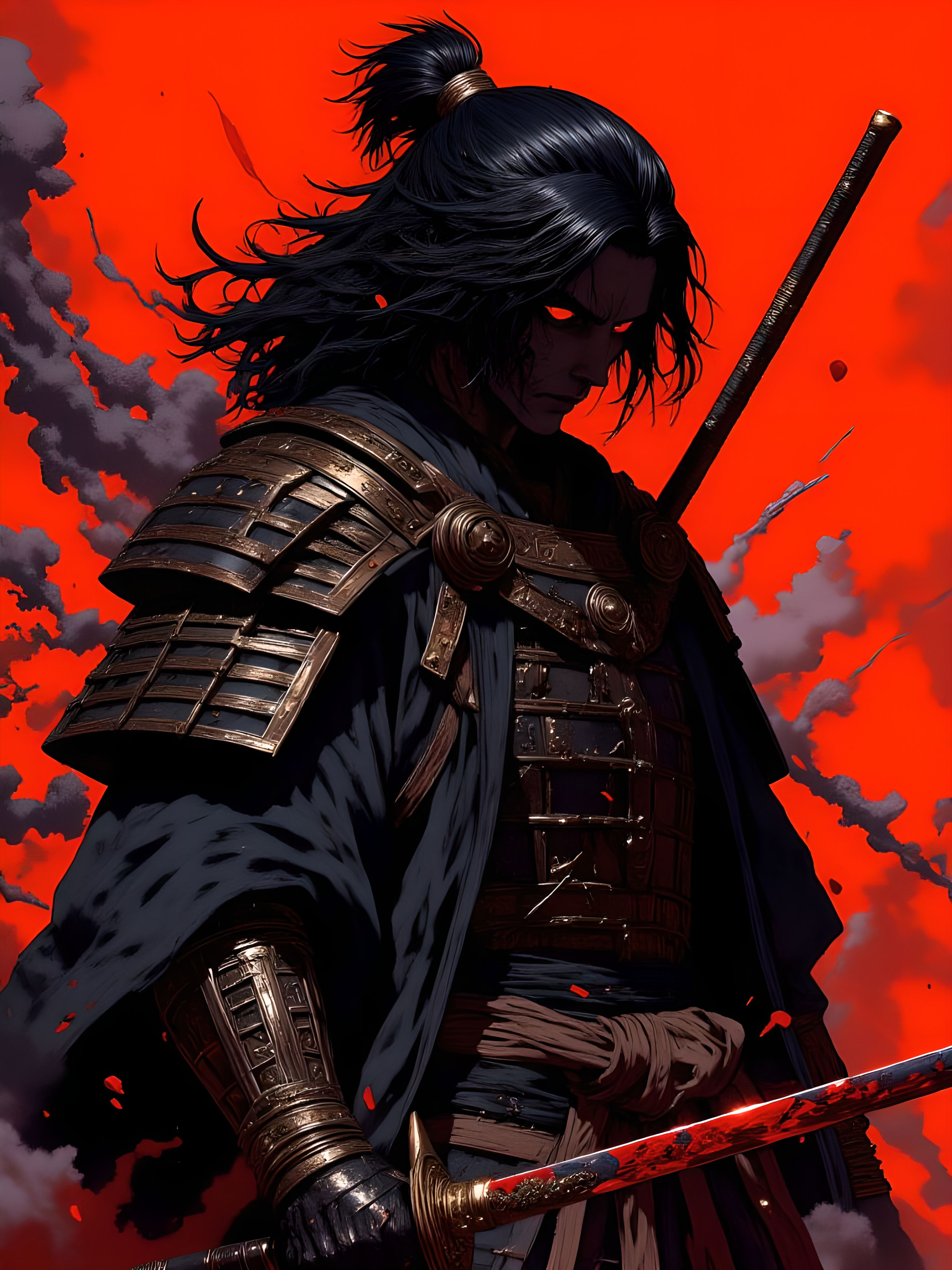 A striking samurai figure set in a cyberpunk theme, depicted in a dynamic cowboy shot from the side view. The samurai has two-tone black hair that contrasts dramatically against a shadowed face, with one eye shimmering in a vibrant red hue. The character is clad in intricate samurai armor that blends traditional elements with a futuristic aesthetic. The background features a bold red theme, enhancing the overall intensity of the scene. Wisps of smoke curl around the figure, adding to the air of mystery. In his hand, the samurai wields a red katana with a bloodstain on the blade, symbolizing past battles. The painting should convey a sense of tension and power, using a monochrome palette with splashes of red to create a visually captivating and atmospheric artwork. aidmaimageupgrader, aidmaMJ6.1m, detailmaximizer, mythp0rt, ne0nfant4sy, drkfnts <lora:aidmaImageUpgrader-FLUX-V0.2:1.0> <lora:flux.1_lora_flyway_Epic-detail_v2:0.8> <lora:aidmaMJ6.1_aidmaMJ6.1-FLUX-v0.4:0.6> <lora:mythp0rt_FluxMythP0rtr4itStyle:0.7> <lora:v1v1dr34m:0.7> <lora:ne0nfant4sy_NeonFantasyPrimeFLUX-000049:0.8> <lora:drkfnts style_sxz-Dark-Fantasy-v2-Flux:0.7>