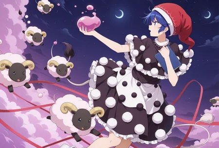 absurdres, highres, masterpiece, best quality, amazing quality, official anime artwork, screencap, anime screencap, 
 <lora:Doremy-Sweet_Illustrious:1> doremy sweet, 1girl, solo, blue eyes, blue hair, short hair, tapir tail,, black capelet, white dress, nightcap, red hat, pom pom \(clothes\), white footwear, 
holding book, open mouth, crescent moon, dream soul, sheep, from the side, cloud, night, starry sky, star,