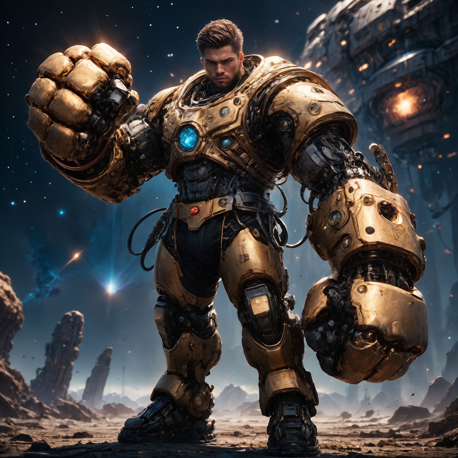 amazing quality, masterpiece, best quality, hyper detailed, ultra detailed, UHD, HDR, DOF, depth of field, perfect anatomy, sci-fi,
1man, gold giant mechanical arms, fighting stance, fist, hand up,
glowing, shine, dazzling,( universe space:1.3),
<lora:cfc-giant-mechanical-arms:0.75>,
<lora:add-detail-xl:0.85>, 
<lora:EnvyBetterHiresFixXL01:1.0>, 
<lora:extremely_detailed:1.0>, extremely detailed,