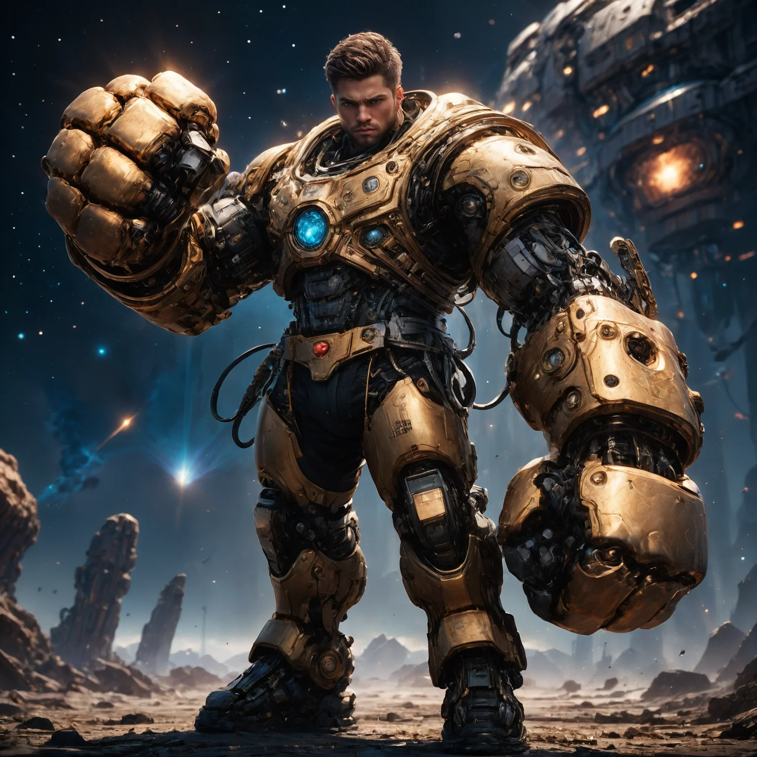 amazing quality, masterpiece, best quality, hyper detailed, ultra detailed, UHD, HDR, DOF, depth of field, perfect anatomy, sci-fi,
1man, gold giant mechanical arms, fighting stance, fist, hand up,
glowing, shine, dazzling,( universe space:1.3),
<lora:cfc-giant-mechanical-arms:0.75>,
<lora:add-detail-xl:0.85>, 
<lora:EnvyBetterHiresFixXL01:1.0>, 
<lora:extremely_detailed:1.0>, extremely detailed,