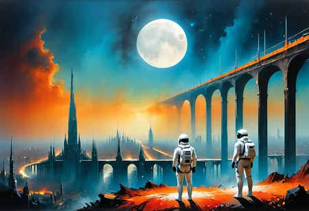 in foreground, view from behind, view from above, 2 human astronauts in a white spacesuit with a transparent helmet and backpack are standing and watching (the huge wide valley with enormous majestic magnificent amazing impossible very destroyed ruined sci-fi alien extraterrestrial city, ruined streets, ruined bridges and overpasses:1,3), (sci-fi cityscape, post-apocalyptic cityscape:1,5), amazing geometry, skyline, (the starry sky with moon, stars and entire constellations with galaxies , hyperrealistic, Milky way:1,5),
cinematic lighting, digital painting, bright colors, best quality, masterpiece