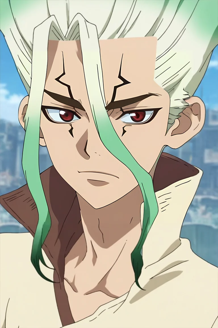 score_9, score_8_up, score_7_up, source_anime, anime screencap, anime coloring, official style, looking at viewer, , depth of field, 1boy, solo, male focus, <lora:senkuu_ishigami_pony:0.88>, senkuu_ishigami, green hair, red eyes, multicolored hair, two-tone hair, white hair, facial mark, , The City of Glas, , <lora:sdxl_lightning_8step_lora:1>