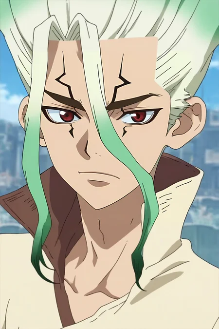 score_9, score_8_up, score_7_up, source_anime, anime screencap, anime coloring, official style, looking at viewer, , depth of field, 1boy, solo, male focus, <lora:senkuu_ishigami_pony:0.88>, senkuu_ishigami, green hair, red eyes, multicolored hair, two-tone hair, white hair, facial mark, , The City of Glas, , <lora:sdxl_lightning_8step_lora:1>