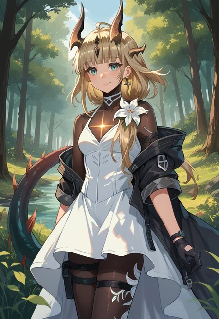 score_9, score_8_up, source_anime, 1girl, solo, ReedBase, long hair, ponytail, hair flower, hair over shoulder, horns, hair ornament, dragon tail, white dress, black jacket, bodystocking, black gloves, single glove, black pantyhose, thigh strap, outdoors, forest, smile, <lora:ChamReedTFSPonyXL:1>