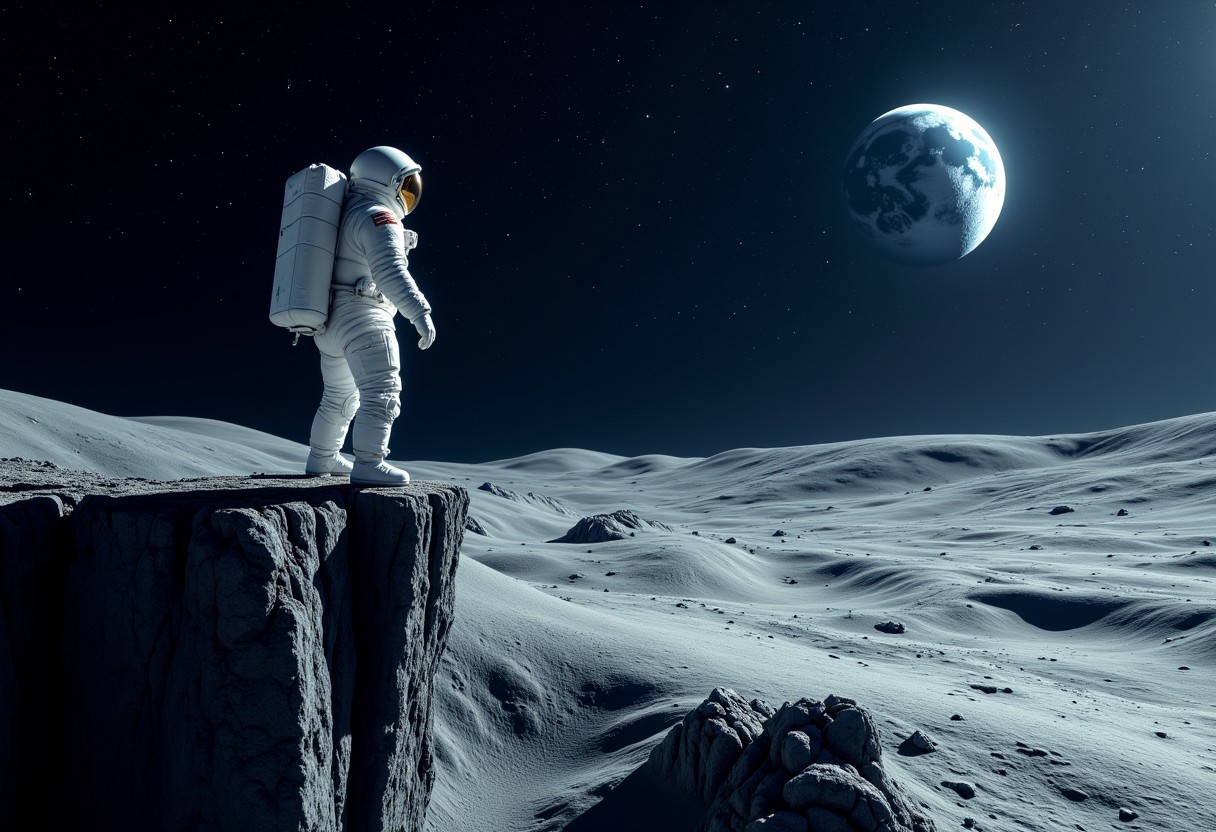 IMG_1017.CR2, astronaut ON THE EDGE OF A CLIFF ON THE MOON SURFACE,, WHITE MOON BOOTS,   low gravity environment,  Earth visible in the distant starry sky, dramatic lighting casting shadows, a sense of adventure and exploration, cool tones contrasted with the bright white suit, ultra-detailed, 4K resolution, expansive view of the cosmos, serene yet awe-inspiring atmosphere, focusing on the vastness of space and humanity's curiosity.