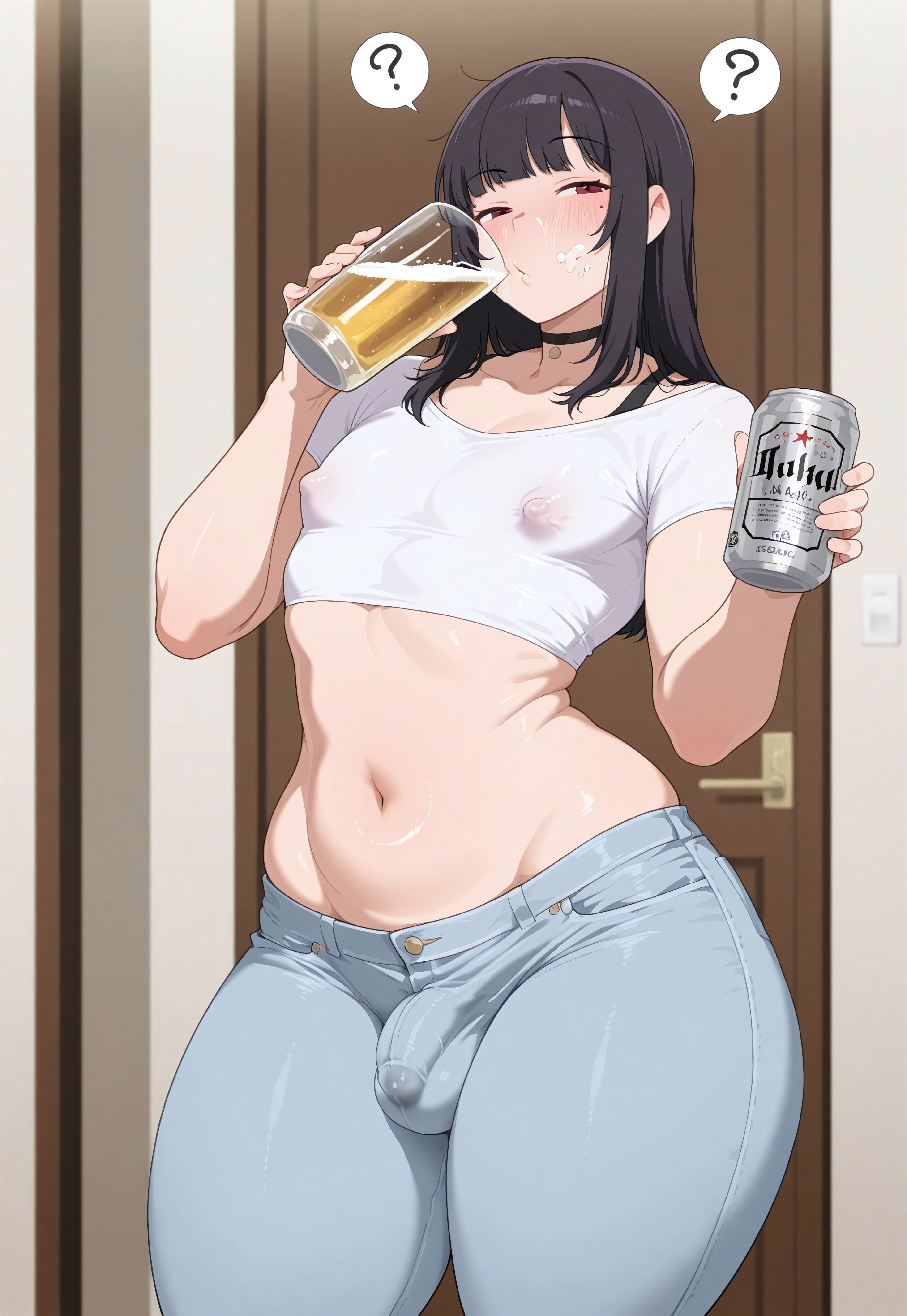 safe_pos, 1boy, choker, black hair, long hair, bangs, otoko no ko, looking at viewer, wide hips, jeans, penis bulge under clothing, tight clothing, slender stomach, thick thighs, crop top, puffy chest, nipple bulge under clothing, holding beer can, sipping drink, raised eyebrow, ?, Hallway Setting