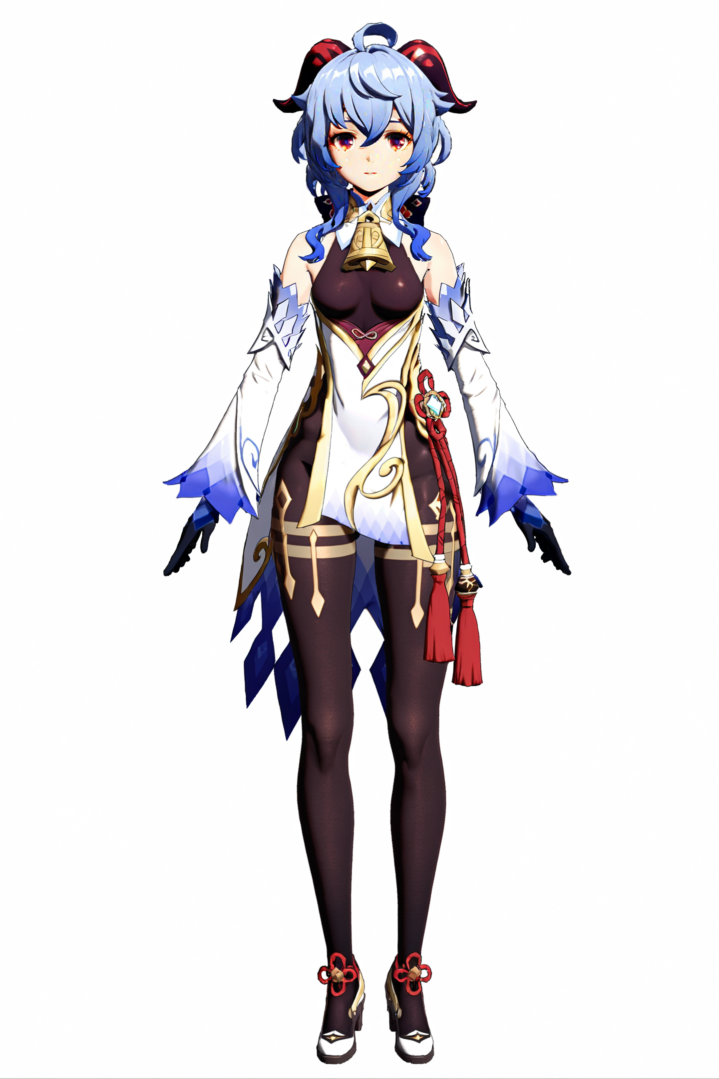 8k, best quality, masterpiece, (ultra-detailed:1.1), (high detailed skin), 
(full body), white background, standing, looking at viewer, (solo), hand on hip, 
<lora:ganshenxian-A3-Tanger-000010:0.8>,ganyu \(genshin impact\), Ganyu's def clothes, 1girl, horns, gloves, ahoge, detached sleeves, blue hair, bell, long hair, looking at viewer, full body, bangs, purple eyes, black gloves,
(white background, simple background), 
(beautiful_face), ((intricate_detail)), clear face, 
((finely_detailed)), fine_fabric_emphasis, 
((glossy)), full_shot,