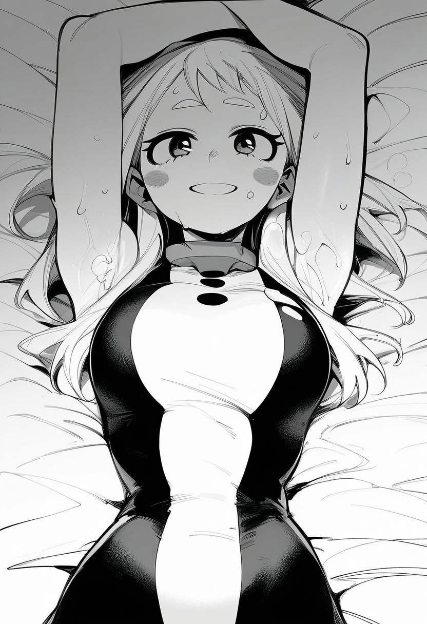 flatshinyskin, score_9, score_8_up, score_7_up , 1girl, 1girl, mosaic censoring, slight seductive pose,, medium breasts, sweating, breasts,, long skirt, 1girl, solo focus, Upper body, hands raised up, hands above head, armpits,  wet, sweaty, sweating, steam, lying on back, low angle, under boobs, 
ochako_uraraka, 1girl, score_9, score_8_up, score_7_up, Monochrome,  MANGASTYLE ,bodysuit, solo focus, perfect body, curvey, thick waist, thick body, skin tight dress, , front view, front focus,
looking at viewer, happy, smiling, medium long hair,, long bangs, long forehead bangs