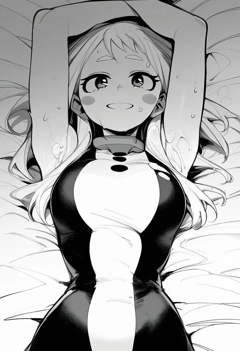 flatshinyskin, score_9, score_8_up, score_7_up , 1girl, 1girl, mosaic censoring, slight seductive pose,, medium breasts, sweating, breasts,, long skirt, 1girl, solo focus, Upper body, hands raised up, hands above head, armpits, wet, sweaty, sweating, steam, lying on back, low angle, under boobs,
ochako_uraraka, 1girl, score_9, score_8_up, score_7_up, Monochrome, MANGASTYLE ,bodysuit, solo focus, perfect body, curvey, thick waist, thick body, skin tight dress, , front view, front focus,
looking at viewer, happy, smiling, medium long hair,, long bangs, long forehead bangs