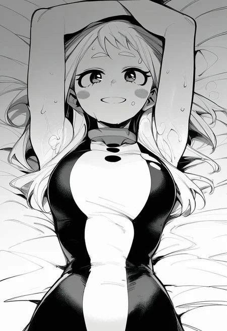 flatshinyskin, score_9, score_8_up, score_7_up , 1girl, 1girl, mosaic censoring, slight seductive pose,, medium breasts, sweating, breasts,, long skirt, 1girl, solo focus, Upper body, hands raised up, hands above head, armpits, wet, sweaty, sweating, steam, lying on back, low angle, under boobs,
ochako_uraraka, 1girl, score_9, score_8_up, score_7_up, Monochrome, MANGASTYLE ,bodysuit, solo focus, perfect body, curvey, thick waist, thick body, skin tight dress, , front view, front focus,
looking at viewer, happy, smiling, medium long hair,, long bangs, long forehead bangs
