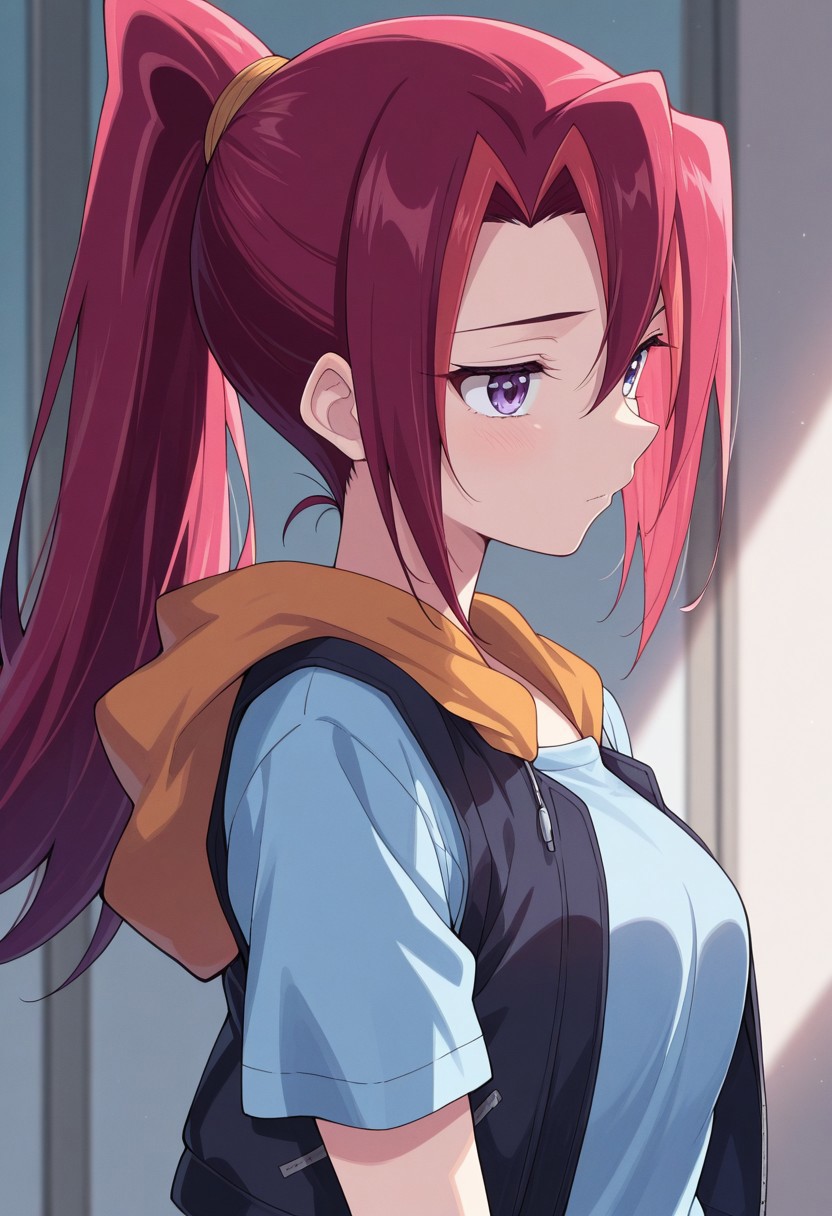 masterpiece,best quality,amazing quality, source_anime, 
KariTsukumo, 1girl, solo, purple eyes, red hair, long hair, ponytail, multicolored hair, shirt, blue shirt, short sleeves, jacket, hood, sleeveless jacket,
