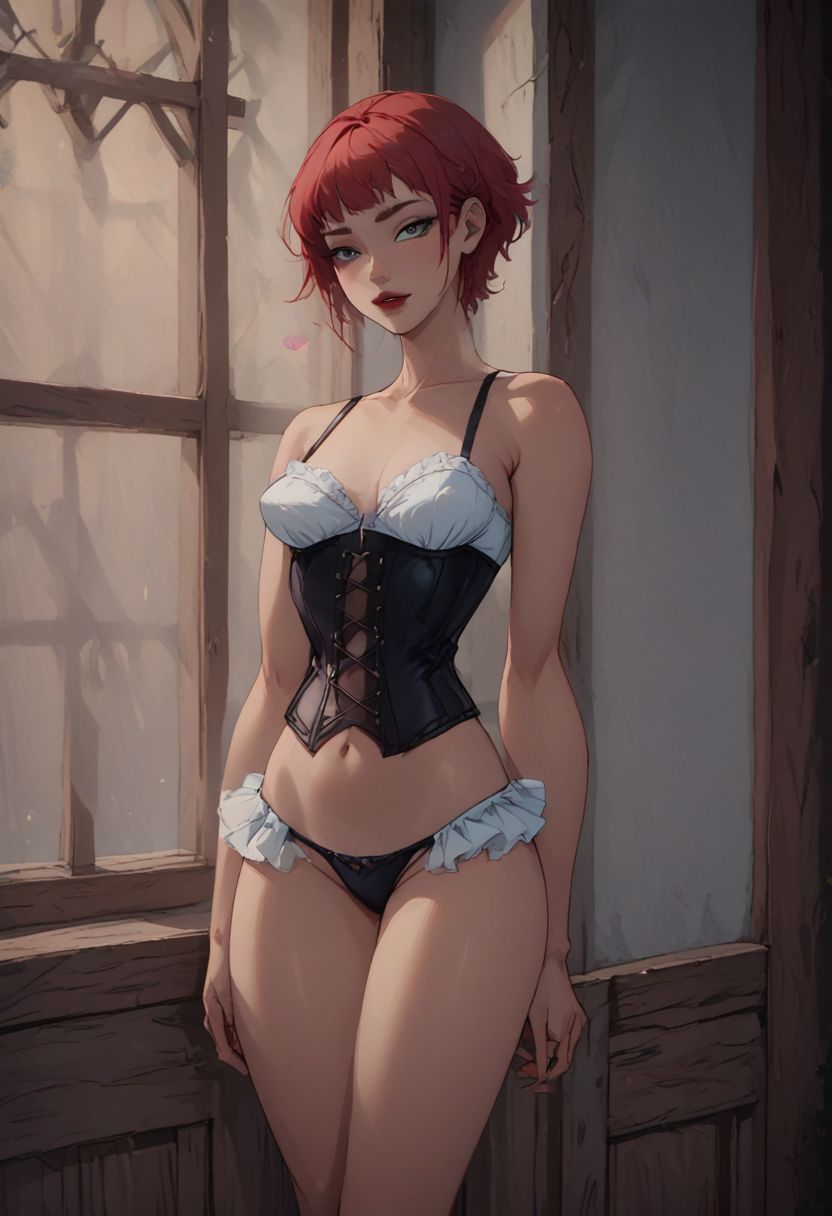 score_9, score_8_up, score_7_up, pinup girl pose, Expressiveh, a sexy girl in a tight underbust corset, black corset with green stitching, green eyes, tiny skimpy panties, tiny mini lace tutu, bright red lipstick, girly sexy skimpy outfit, white bra, girly decorations, meduim breasts, perfect face, long and slender body, long legs, semi realistic, floating neon hearts, window leaking morning light, diffused window, cinematic lighting, volumetric lighting, light red hair, short hair, pale skin, clothes decorated with card suits,