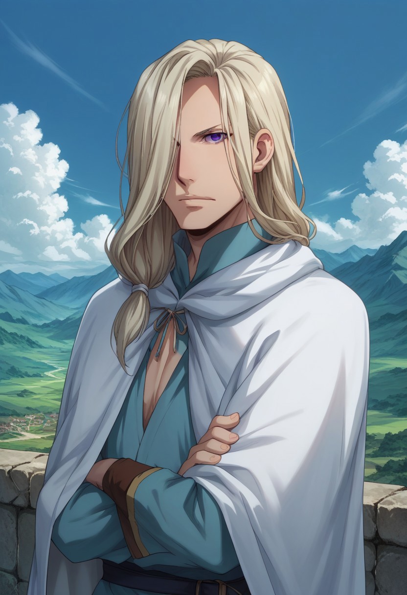 score_9, score_8_up, score_7_up, source_anime, highly detailed, 
narsus, 1boy, male focus, solo, blonde hair, purple eyes, weapon, sword, long hair, cape, hair over one eye, upper body, crossed arms,
outdoor, mountains, sky, clouds,