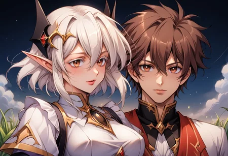score_9, score_8_up, score_7_up, score_6_up, score_5_up, score_4_up, detailed, intricate details, source_anime, (1_girl, focus), zerida-dark, 1girl, , short hair, sidelocks, breasts, parted lips, bangs, large breasts, hair ornament, red eyes, , White Eyelashes, , hair between eyes, , White Hair, , pointy ears, elf, Eyelashes, Colored Eyelashes, 1girl, 1man, ((man and girl)), 1man:, issei_hyoudou, ((brown hair, brown eyes, hair between eyes)), Fit body, BREAK, 1girl, 1boy, hetero, dancing , large breasts, outside, grassy field, night , cowboy shot
detailed eyes、detailed face and detailed skin <lora:add-detail-xl:1.0>,