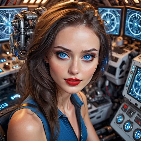 Beautiful brunette with blue eyes in the cockpit of an interstellar time machine, surrounded by robots and computers, cinematic, very realistic
<lora:Ann4:1>