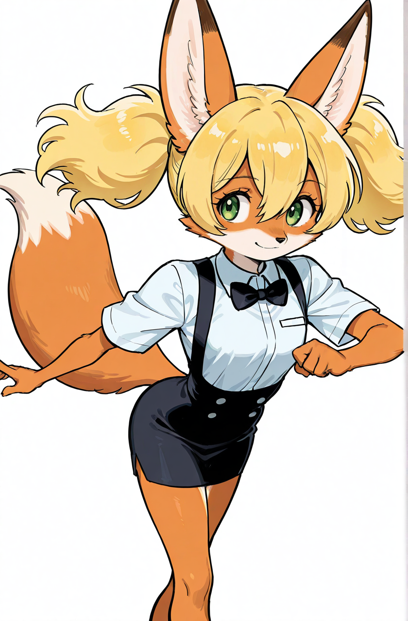 (anthro fox girl:1.5),blonde,twintails,green eyes,dynamic pose, 
hair between eyes,zPDXL3,solo, waiter uniform, light smile
<lora:Perfect Hands:1> <lora:age_slider_v4:-1>
<lora:Tezuka_Osamu:0.9>tezuka osamu, score_9, score_8_up, score_7_up, score_6_up, score_5_up, score_4_up,zPDXL