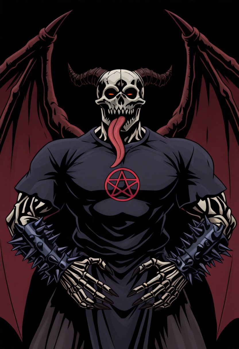 M4j0r4, anime coloring, flat colors, (dark shading 1.4),chidaruma, upper body, from angle, 1boy, tongue out, demon wings, spiked bracelet, teeth, fingernails, pentagram, traditional media, black background, skeletal hands, bold lines, high contrast, dramatic shadows, rough textures, strong comic book aesthetic, Black outline, thick outline,