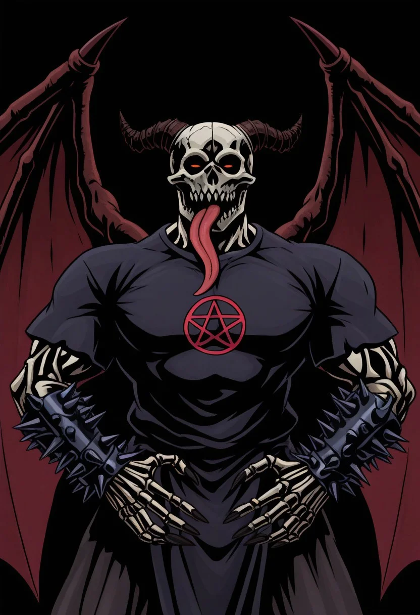 M4j0r4, anime coloring, flat colors, (dark shading 1.4),chidaruma, upper body, from angle, 1boy, tongue out, demon wings, spiked bracelet, teeth, fingernails, pentagram, traditional media, black background, skeletal hands, bold lines, high contrast, dramatic shadows, rough textures, strong comic book aesthetic, Black outline, thick outline,