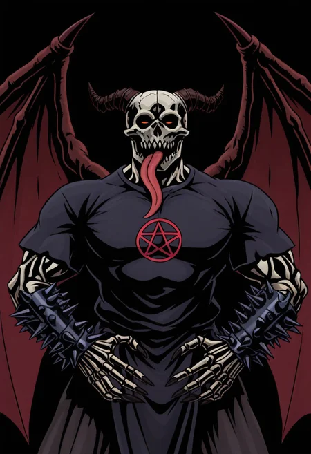 M4j0r4, anime coloring, flat colors, (dark shading 1.4),chidaruma, upper body, from angle, 1boy, tongue out, demon wings, spiked bracelet, teeth, fingernails, pentagram, traditional media, black background, skeletal hands, bold lines, high contrast, dramatic shadows, rough textures, strong comic book aesthetic, Black outline, thick outline,