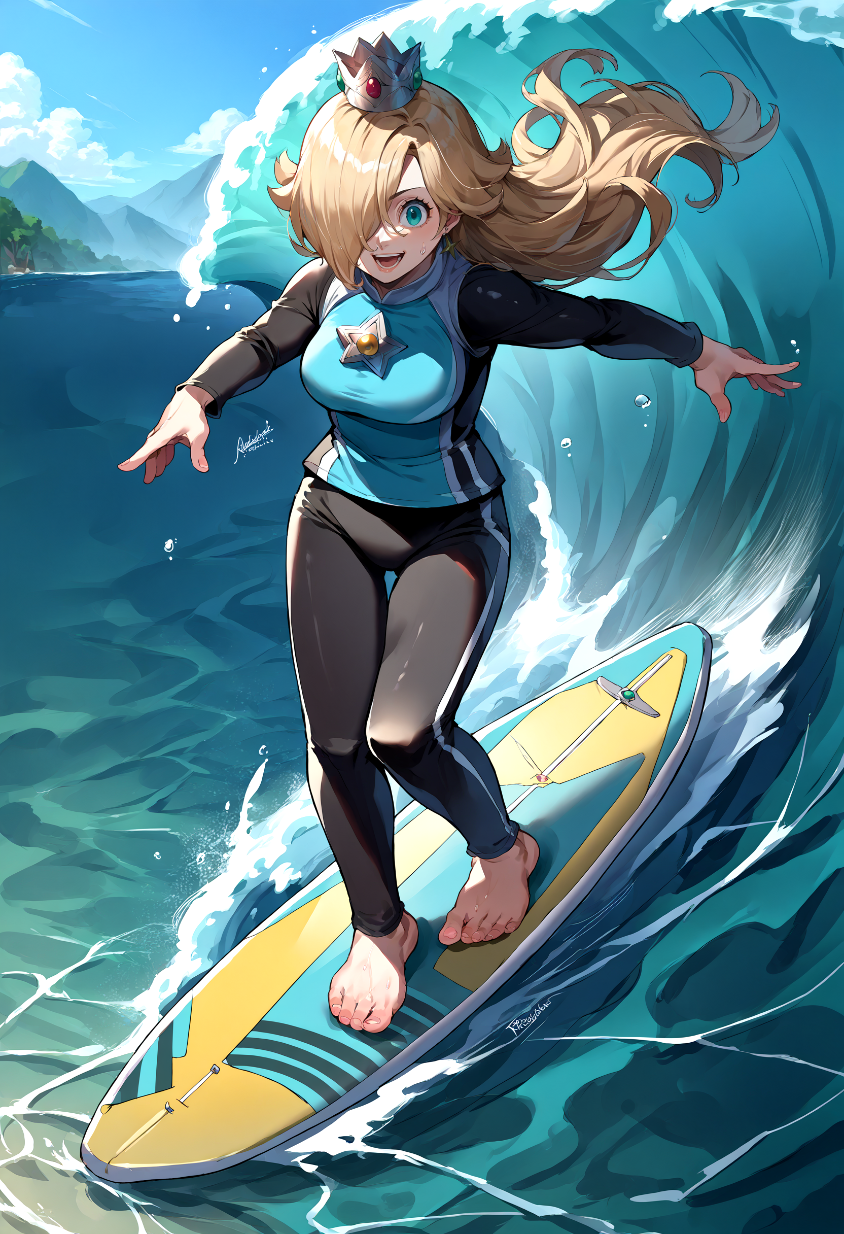 score_9, score_8_up, score_7_up, source_anime, 1girl, RslnDS, hair over one eye, crown, bodysuit, wetsuit, DivingSuit, <lora:Rosalina_XLPD:1>, <lora:Surfing_XLPD:1>, incrssurfing, surfing, barefoot, surfboard, action, happy, stance, mature female,