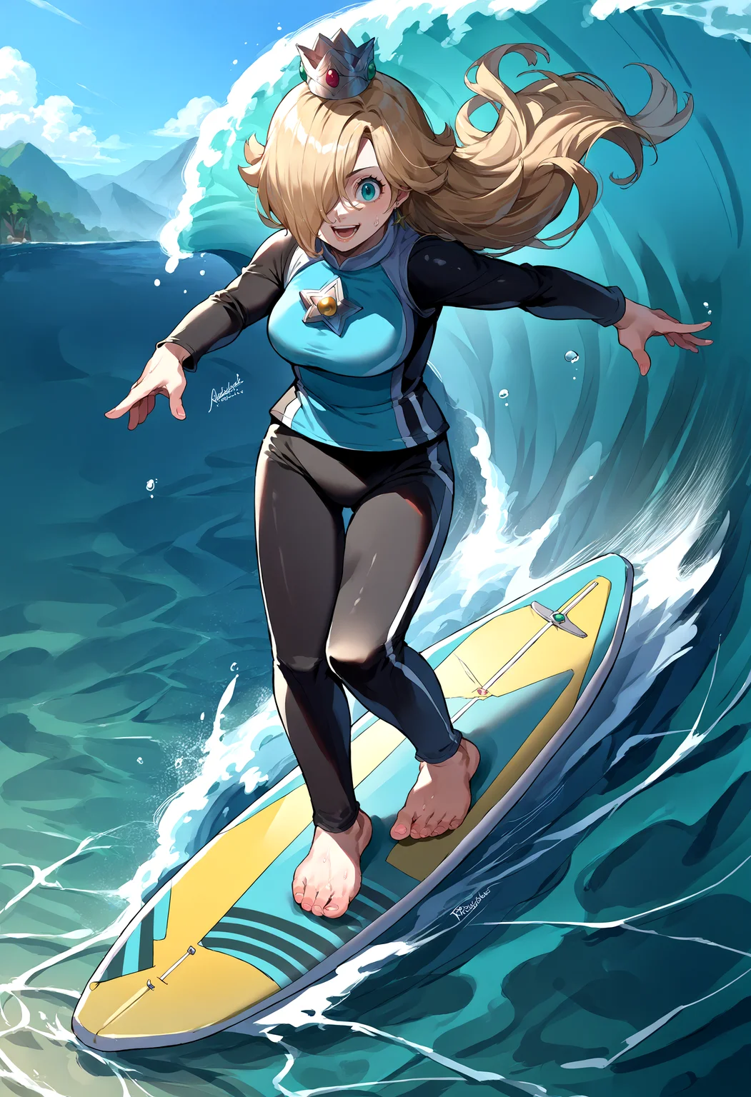 score_9, score_8_up, score_7_up, source_anime, 1girl, RslnDS, hair over one eye, crown, bodysuit, wetsuit, DivingSuit, <lora:Rosalina_XLPD:1>, <lora:Surfing_XLPD:1>, incrssurfing, surfing, barefoot, surfboard, action, happy, stance, mature female,