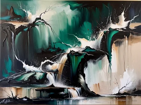 abstract oil painting rocky waterfall dark green, white and tan style by RM <lora:russ-mills-style:1>