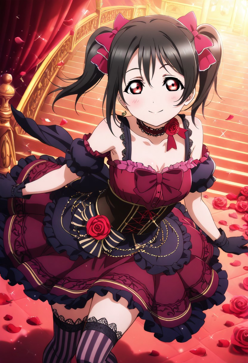 masterpiece, best quality, solo, 1girl, aged up, happy, large breasts, 
 niko_yazawa, yazawa_niko, black hair, twintails, bow, red eyes, hair bow, gothic-themed idol outfit, black and crimson dress with lace, corset top, striped stockings, rose choker, dark velvet stage with ornate pillars, rose petals falling, dramatic lighting, mischievous smile, elegant yet playful aura