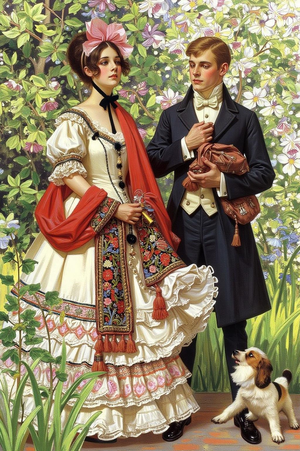 jcleyen1 painting. 
The scene depicts a romantic, pastoral setting from the Victorian era, with a couple standing in a lush, vibrant garden. The woman, on the left, is dressed in a voluminous, cream-colored gown with intricate lace and floral patterns. She wears a red shawl draped over her shoulders, adorned with colorful, intricate embroidery. A little puppy is on the floor, looking up at the couple.
 <lora:jcleyen1_cap_d6a3e11:1.0><lora:824042059305390001:0>