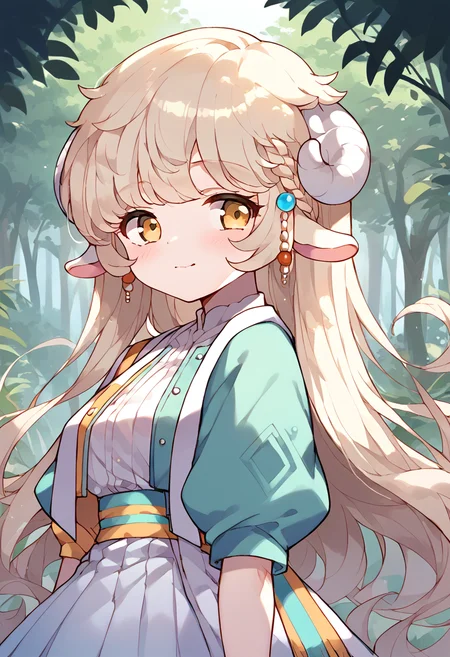 score_9,score_8_up,score_7_up,source_anime,zPDXL3,forest,
*//*,<lora:Lara_v1.2-000008:1>,1girl,lara,blonde hair,long hair,white horns,yellow eyes,sheep ears,skirt,white thighhighs,puffy short sleeves,earrings,
*//*,upper body,