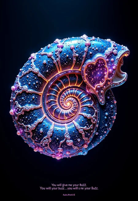 A photo of chambered Nautilus with glowing neon flowing inside and ambre floating underwater at night, wireframe, transparency, glass, intricate light, intricate artwork masterpiece, golden ratio, trending on artstation, highly detailed. shell is metallic. mtlartCE_style. Several hypnotically patterned nautili. aidmatextimprover. Text at bottom that reads "You will give me your BUZZ...You will give me your buzz... you will give me your BuZz..."