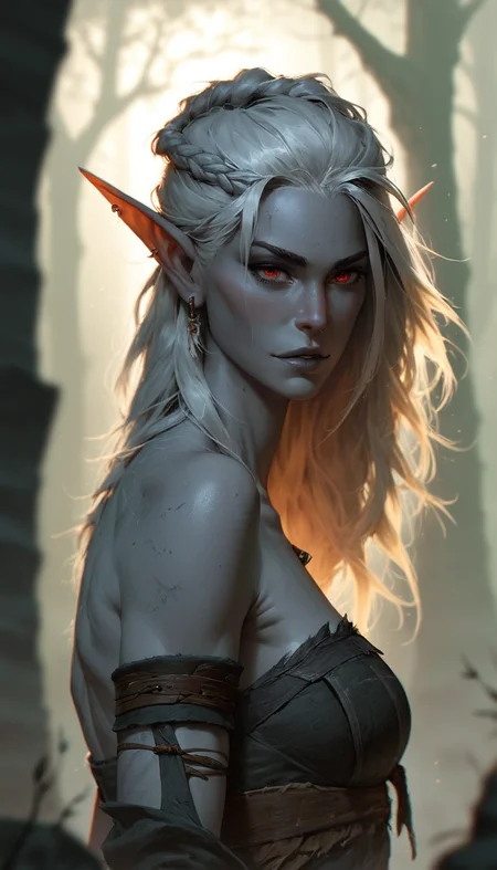 score_9, score_8_up, score_8_up, layering, ultra detailed, (ultra wide angle shot:0.65), shallow depth of field, alluring curves, tasteful sensuality, softcore, pinup girl pose, 1girl, ((dunmer)), skyrim, elder scrolls, dark elf, ((dark grey ashen skin)), drow with dark grey skin, very big large dark red eyes, dark grey lips, straight blonde shoulder length hair, tall and slender, supermodel look with pronounced sharp cheekbones and narrow sharp long chin, photo, painting, light rays, <lora:Dunmer:1.3>, <lora:Skyrim_Project_SDXL_r1:0.6> <lora:Fant5yP0ny:0.7>, <lora:MJ52:0.5>