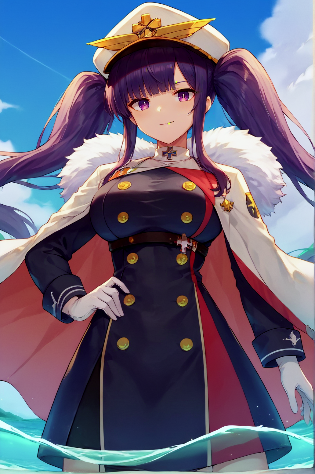 score_9, score_8_up, score_7_up,anime_source, source_anime, best background, detailed background, anime screencap  Peter Strasser, Main Outfit, sensitive, solo, looking at viewer, smile, closed mouth, standing, outdoors, sky, day, cloud, water, blue sky, hand on own hip, cloudy sky, cross, wading, double-breasted, contrail  <lora:JN_Peter_Strasser:0.8>