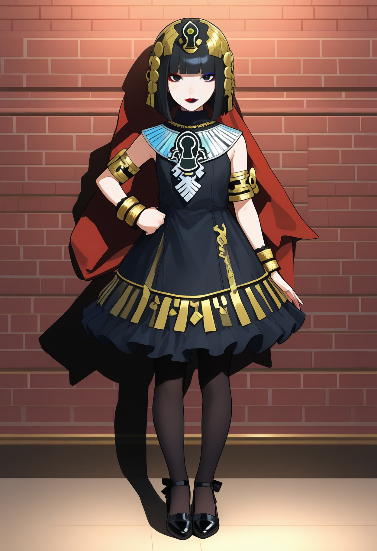 best hands, 5 fingers, <lora:Atropos_IL1.1:1>looking at viewer, No expression,
Atropos, 1girl, solo, black short hair, blunt bangs, black eyes, Red and black lips, makeup, jewelry,
necklace, black sleeveless dress, bracelet, armlet, egyptian, black pantyhose, Black Pumps
Illustration, hand on own hip,
BREAK indoors, brick wall, shadow,