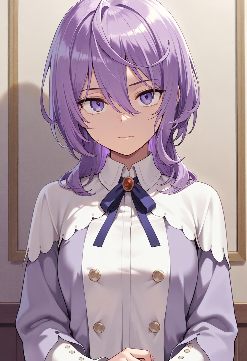 masterpiece,best quality,amazing quality, philia parnacorta, purple hair, purple eyes, 1girl, solo, buttons, hair between eyes, shirt, closed mouth, looking at viewer, long sleeves, upper body, ribbon
