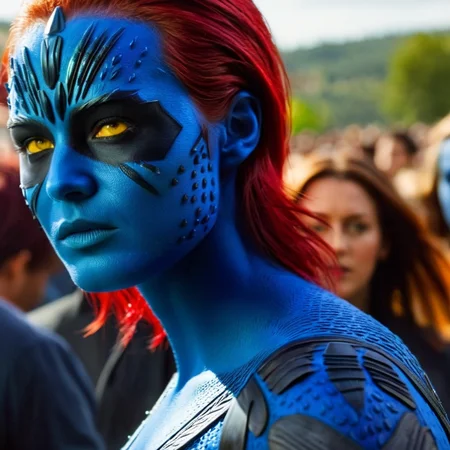 cinematic film still of <lora:Mystique X-Men:1>
Mystique X-Men a red hair woman with yelloweyes and bluebody walking in crowds in day light, shallow depth of field, vignette, highly detailed, high budget, bokeh, cinemascope, moody, epic, gorgeous, film grain, grainy