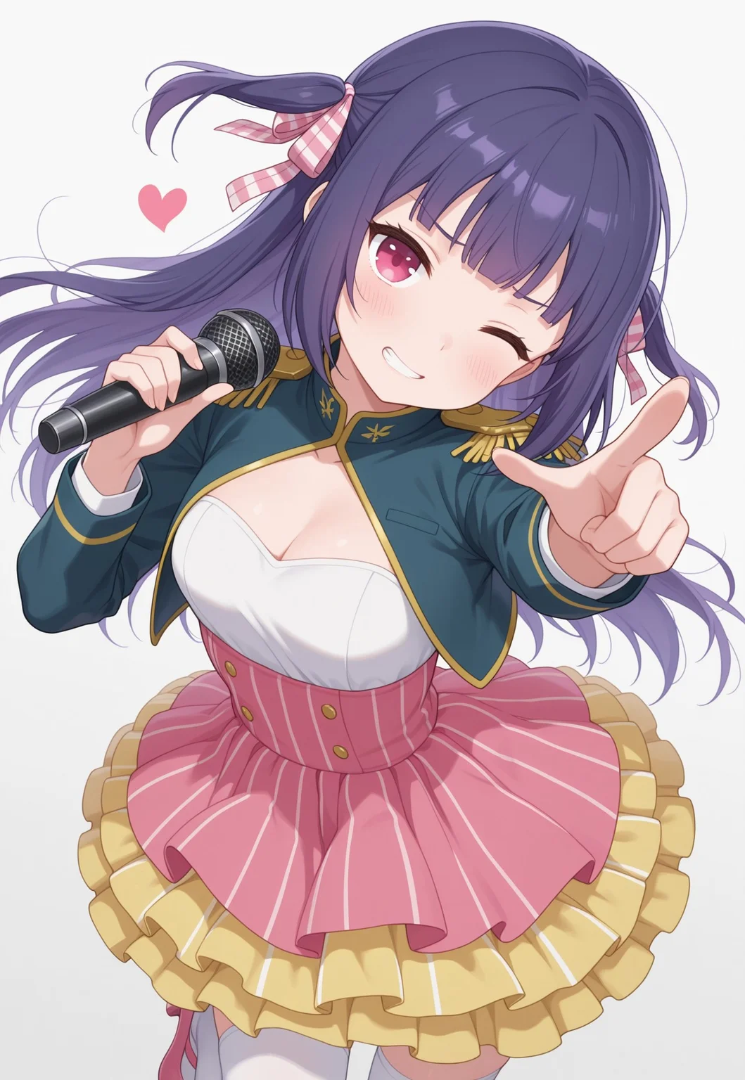 masterpiece, best quality, amazing quality,
ringo kinoshita, pink eyes, purple hair, long hair, blunt bangs, sidelocks, two side up, hair ribbon, stripped ribbon, pink ribbon, white dress, strapless dress, (green jacket:0.7), (blue jacket:0.6), cropped jacket, naval jacket, cleavage cutout, long sleeves, epaulettes, layered skirt, frilled skirt, pink skirt, striped skirt, high-waist skirt, yellow skirt, (bubble skirt:0), white thighhighs, green ribbon, pink footwear, low block heels, pink ribbon,
simple background, white background,
1girl, cowboy shot, dutch angle, standing, standing on one leg, head tilt, looking at viewer, wince, smile, clenched teeth, heart, hands up, holding microphone, microphone, pointing towards viewer, foot up