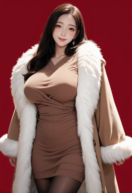 1girl,red background,,ruanyi0969,brown dress,feather boa,long sleeves,pantyhose,sweater dress,fur coat,<lora:0969 Home wear 16_v1_pony:1>, score_9, score_8_up, score_7_up, score_6_up, score_9, score_8_up, score_7_up, score_6_up source_anime, blush, 1girl, seduce smile, perfect body , natural huge breasts