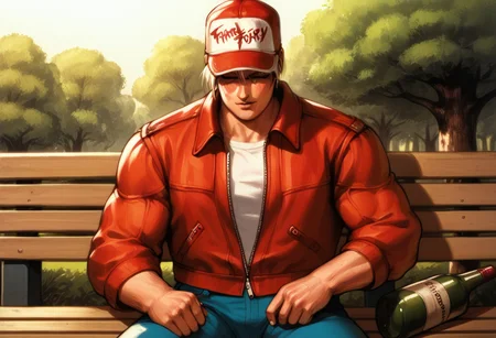 score_9, score_8_up, score_7_up, masterpiece, TerryBogard, drunk, park bench, wine bottle, retro artstyle, (highly detailed:1.2), (intricate:1.2), (best quality:1.2),(8k:1.2), (sharp:1.2), (majestic:1.2), natural lighting, detail++, ((hat)), ((eyes closed)), ((red unzipped jacket)), ((((blue jeans))))