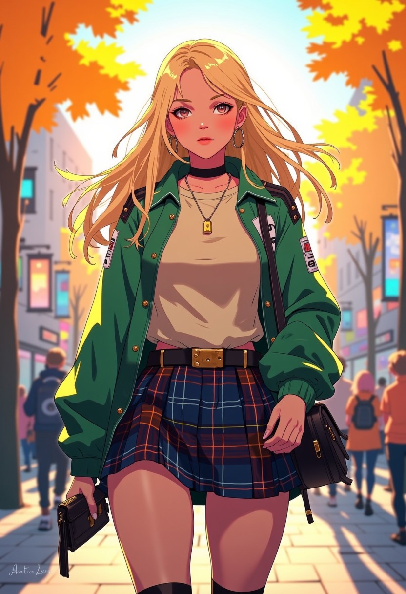The image depicts a stylish young woman walking outdoors, framed by a warm, autumnal background with golden leaves and sunlight filtering through trees. She has long, flowing blonde hair, and is dressed in a fashionable ensemble. She wears a green varsity jacket over a beige top, paired with a short, pleated plaid skirt in shades of dark blue and red. Her accessories include a black choker with a gold pendant, hoop earrings, and layered necklaces. Knee-high black socks and a black leather bag slung over her shoulder complete the look. The art style is highly detailed and polished, resembling anime-inspired or semi-realistic digital painting, with soft shading and warm, glowing colors that enhance the autumn vibe of the scene. The background elements like trees and buildings are subtly blurred to keep the focus on the character.