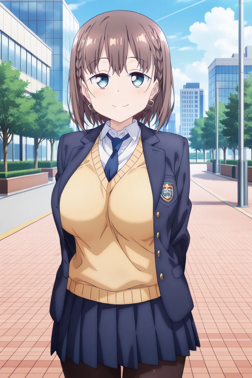 anime screenshot, 1girl, solo, ai-chan (tawawa), brown hair, short hair, braid, hair ornament, aqua eyes, large breasts, school uniform, blazer, blue jacket, open jacket, white shirt, collared shirt, yellow sweater, long sleeves, blue necktie, blue skirt, pleated skirt, black pantyhose, looking at viewer, smile, cowboy shot, outdoors, city blue sky, day, masterpiece, best quality, high quality, highres, absurdres, <lora:ai-chan_tawawa-s1_ILXL:0.9>