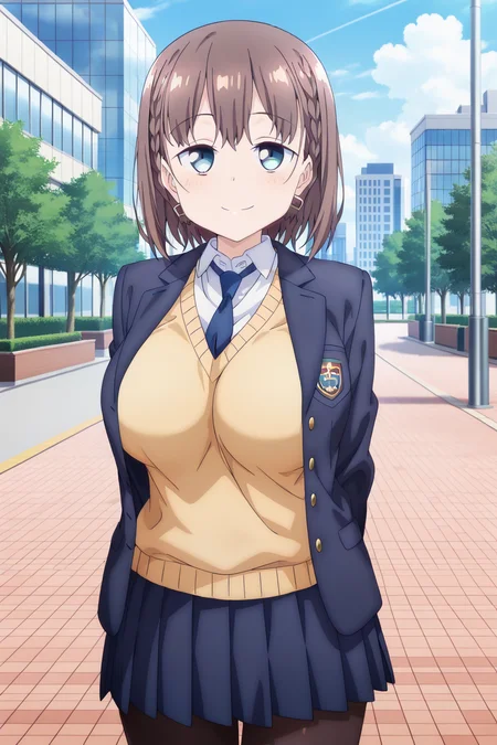 anime screenshot, 1girl, solo, ai-chan (tawawa), brown hair, short hair, braid, hair ornament, aqua eyes, large breasts, school uniform, blazer, blue jacket, open jacket, white shirt, collared shirt, yellow sweater, long sleeves, blue necktie, blue skirt, pleated skirt, black pantyhose, looking at viewer, smile, cowboy shot, outdoors, city blue sky, day, masterpiece, best quality, high quality, highres, absurdres, <lora:ai-chan_tawawa-s1_ILXL:0.9>