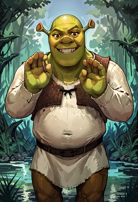score_9, score_8_up, score_7_up, score_6_up BREAK <lora:ujac_pd_unet:1> <lora:Shrek_XLPD:0.8> solo,outdoors,swamp,shrek, green skin,bunny pose,grin,male focus,bald,hands up