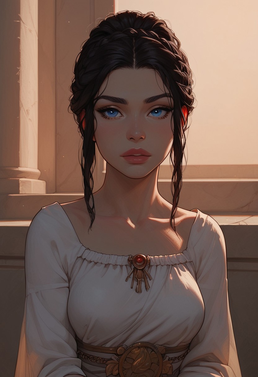(score_9, score_8_up, score_7_up). ( line work, excellent drawing, highest quality, extremely detailed:1.2). 1woman, Greek Goddess Hera, perfect face, beautiful blue eyes, long lashes, dark hair, princess braid, glossy lips, ancient greek dress, g0thicPXL, romantic, cinematic lighting, volumetric lighting, motion effects, source_cartoon