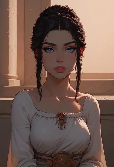(score_9, score_8_up, score_7_up). ( line work, excellent drawing, highest quality, extremely detailed:1.2). 1woman, Greek Goddess Hera, perfect face, beautiful blue eyes, long lashes, dark hair, princess braid, glossy lips, ancient greek dress, g0thicPXL, romantic, cinematic lighting, volumetric lighting, motion effects, source_cartoon