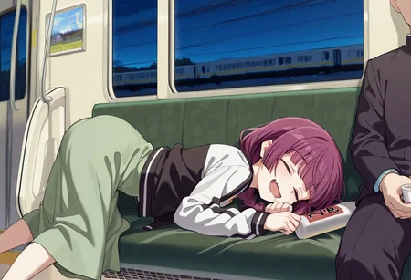 great quality,scenery,(almic,akakura,ogipote,dikko:0.7), train interior,(sincos:0.6), perspective,,sleeping on seat,official wallpaper,twfrom window,lying on sheets,night ,from side,sleeping,hiroi kikuri,purple hair,single braid,black jacket,green dress skirt,closed eyes,smirk,,holding sake,sake bottle,feet out of frame,leng up,dynamic pose, (top down bottom up:1.2),out of frame, depth of field,:d,drooling,skin fang